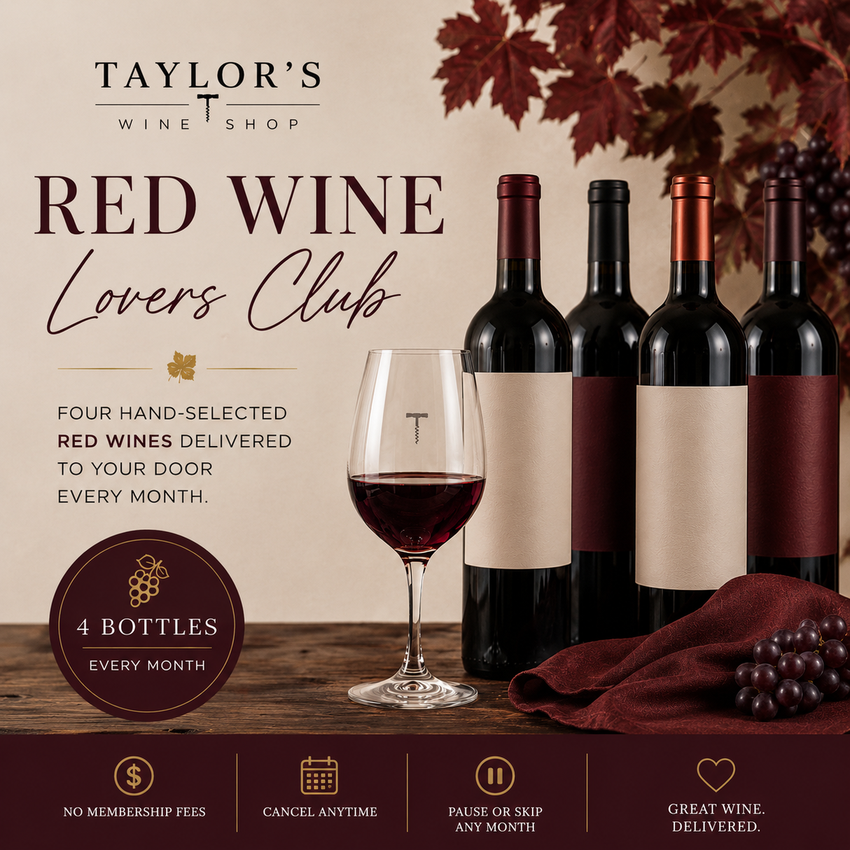 Monthly Subscription "Red Wine Lovers" - 4 Bottles - Taylor's Wine Shop